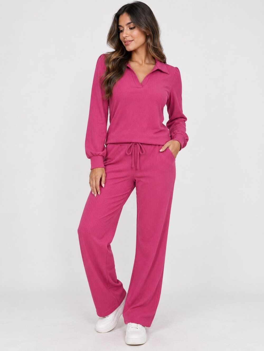 PrettyGarden Women's Ribbed Collared Lounge Set in Bright Pink Size S